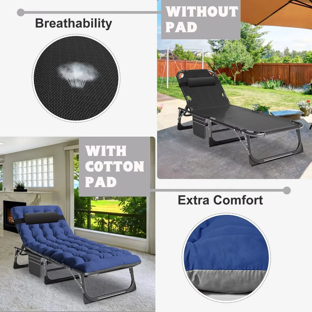 MOPHOTO Lounge Chair with Mattress, Outdoor Chaise Lounge Support 440 Lbs, Adjustable Portable Heavy Duty Sleeping Cots Bed for Camping, Pool, Beach, Patio