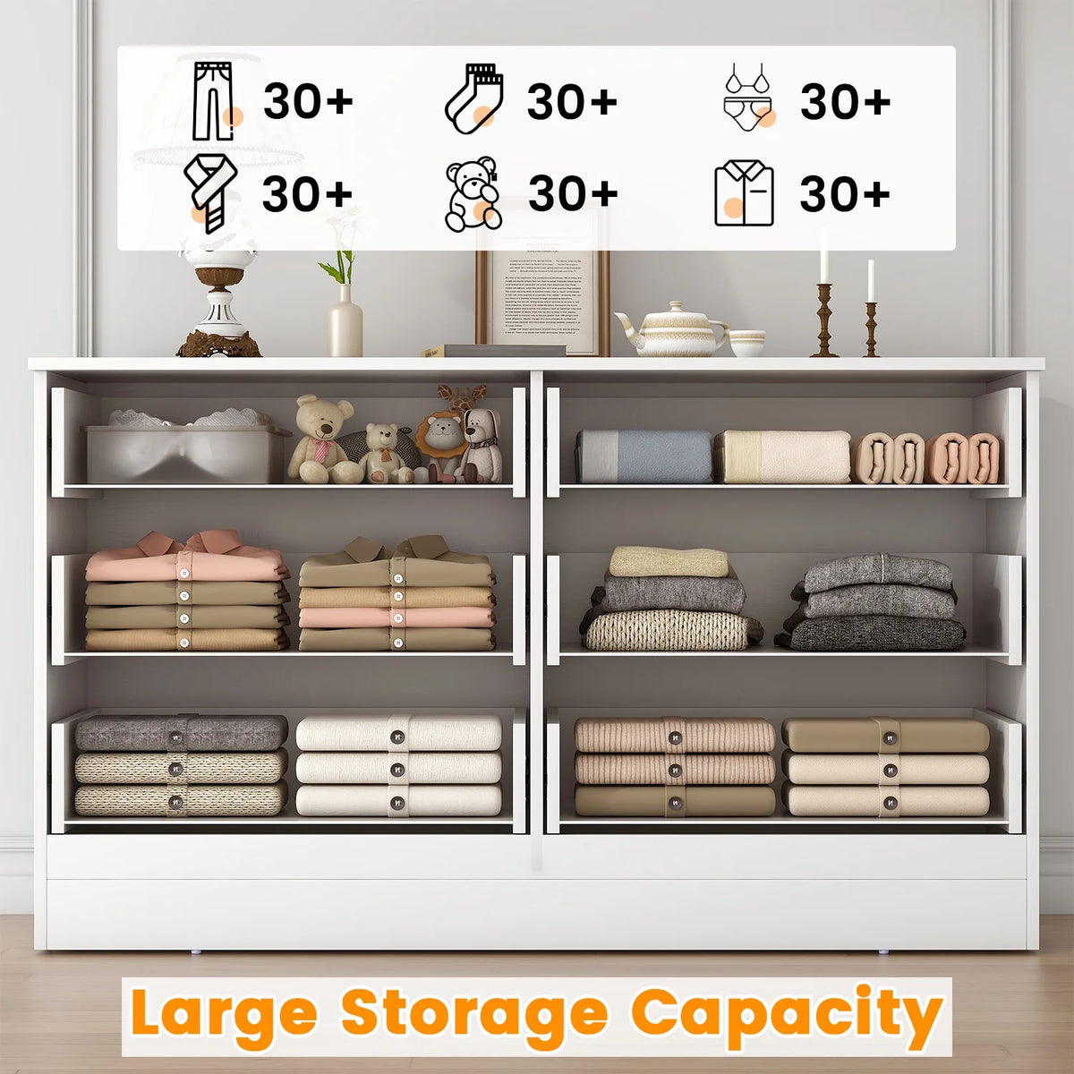 Winkalon 6 Drawer White Double Dresser, Wood Storage Cabinet with Easy Pull Out Handles for Living Room,Chest of Drawers for Bedroom