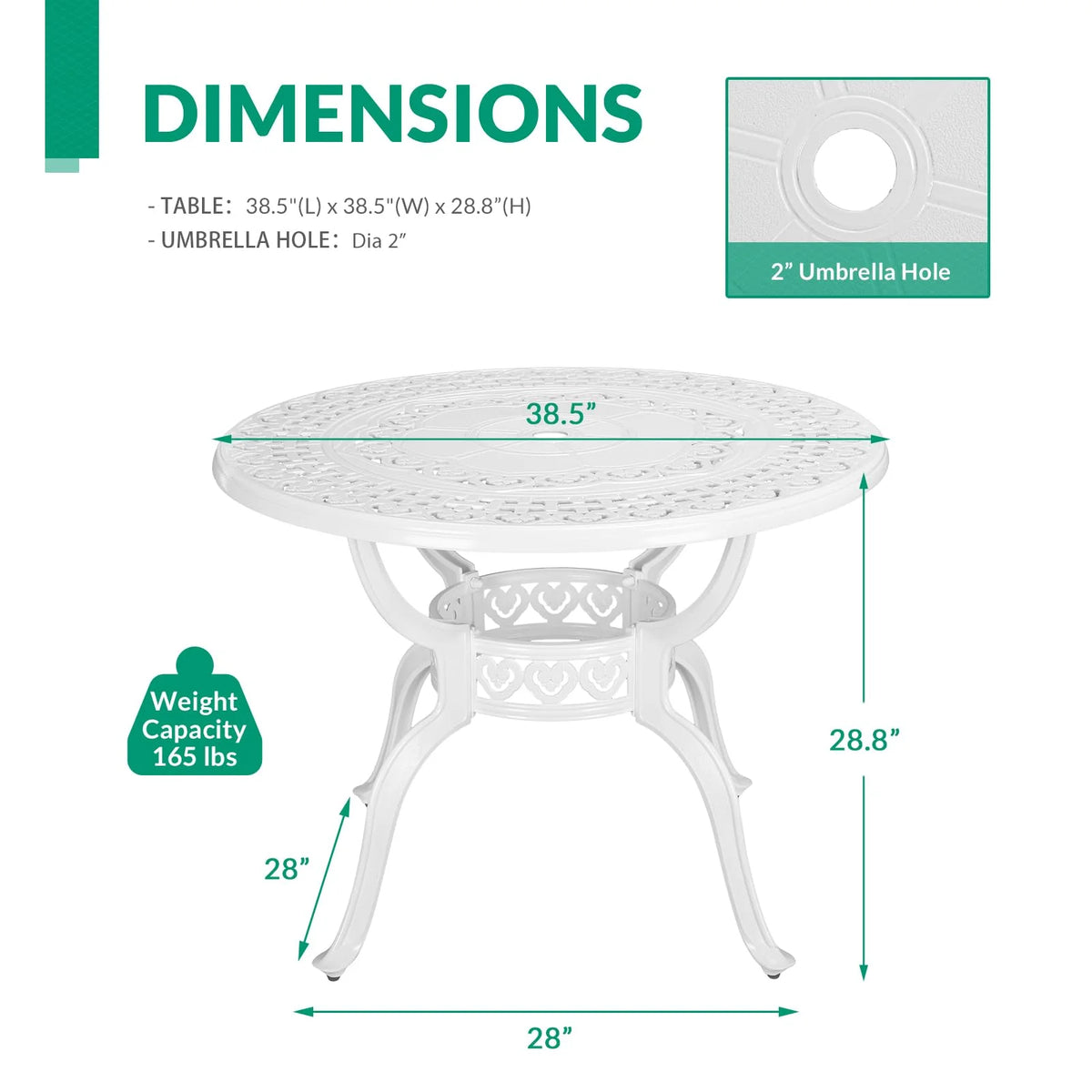 VIVIJASON 38.3" Patio Bistro Table Outdoor Dining Round Table Bronze Cast Aluminum Table with Umbrella Hole