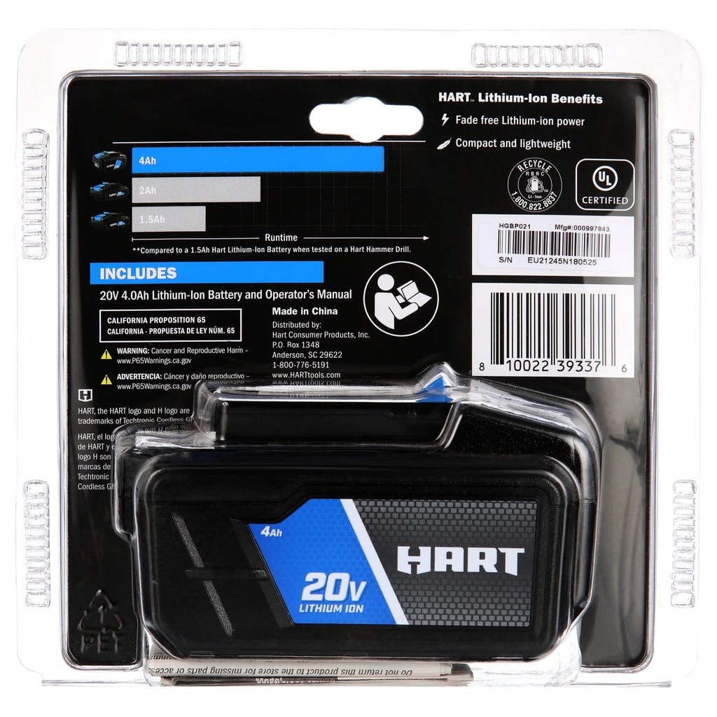 HART 20V Lithium-Ion 4.0Ah Battery (Charger Not Included)