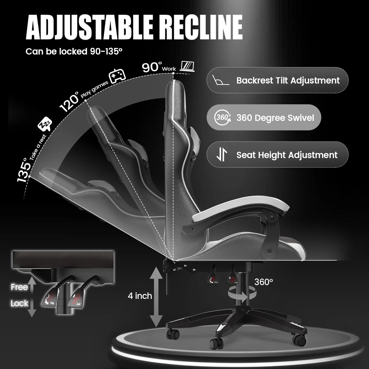 Bigzzia Gaming Chair Office Chair, Ergonomic Game Chair with Height Adjustable Headrest and Lumbar Support for Adults Teens, Black & White