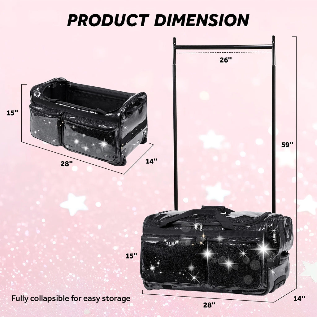 Dance Bag with Garment Rack,23"Glitter Rolling Dance Competition Bag with Organizer Bag, Collapsible Dance Travel Bag Suitcase for Dancers Performer Artist,Pink