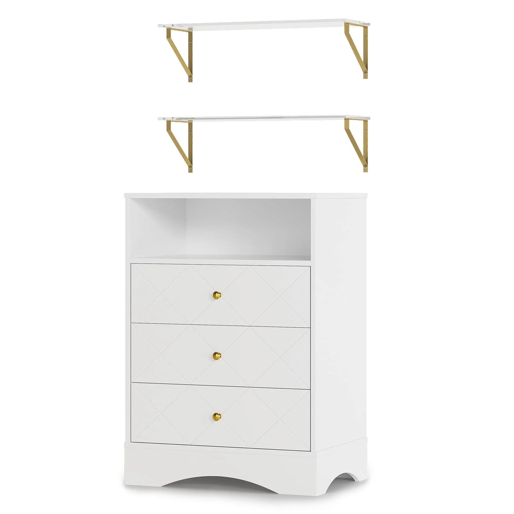 May Color Large White 3 Drawer Dresser Set of 2 with Fluted Panel, Modern Chest of Drawers with Silent Slide Drawers, Wood Accent Nightstand with Storage for Bedroom Living Room, Hallway