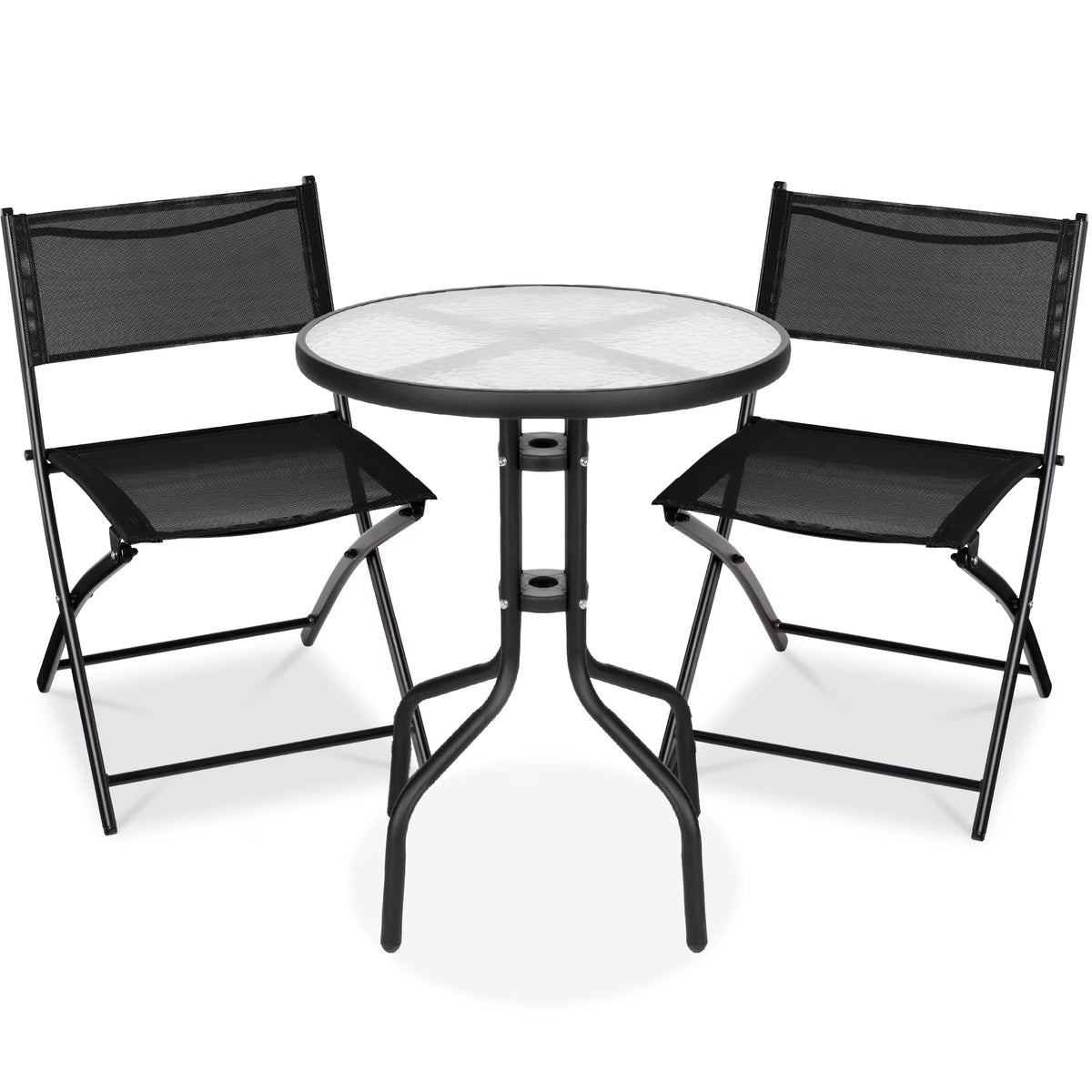 Best Choice Products 3-Piece Patio Bistro Dining Furniture Set w/ Glass Tabletop, Folding Chairs - Gray