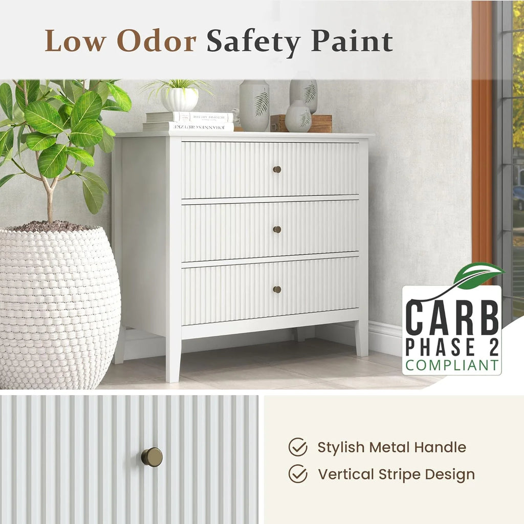 May Color Large White 3 Drawer Dresser Set of 2 with Fluted Panel, Modern Chest of Drawers with Silent Slide Drawers, Wood Accent Nightstand with Storage for Bedroom Living Room, Hallway
