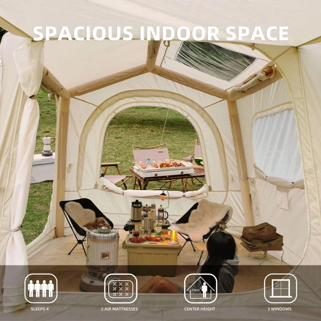 Beige 4-6 Person Inflatable Camping Tent (4-Season – 2-in-1 SUV/Tailgate+Standalone, 5min Setup, Waterproof Oxford, Mesh Windows)