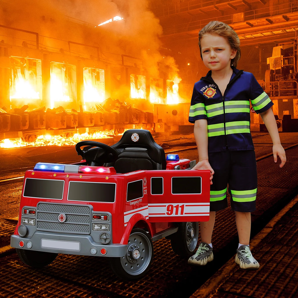 Bobiber Ride on Fire Truck, 12V Battery Powered Ride-On Toy Vehicle with Remote Control, Megaphone, Flashing Lights, Siren and Fire Extinguisher - For Boys and Girls Ages 3-6