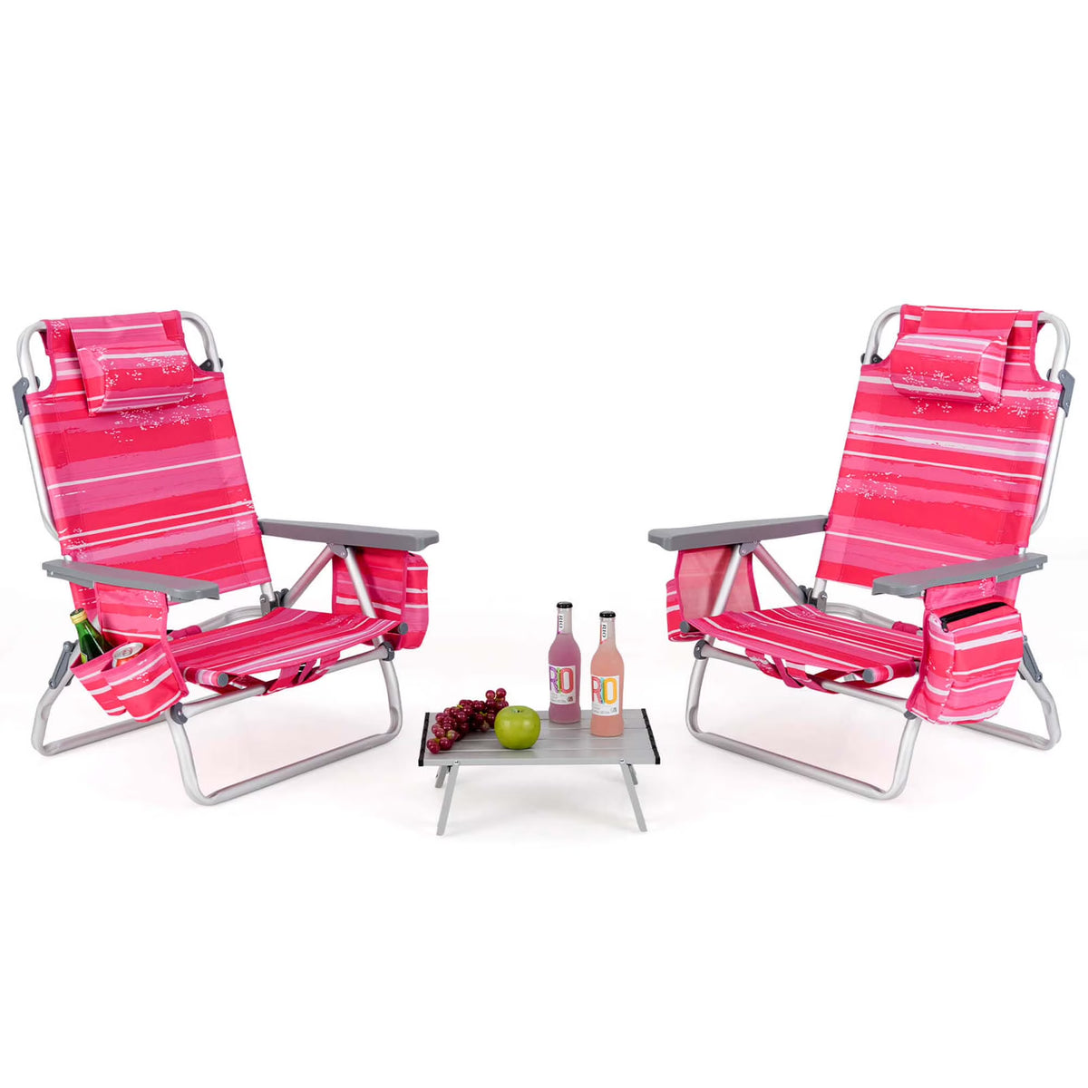 Costway 2-Pack Folding Backpack Beach Chair Table Set 5-Position Outdoor Reclining Chair Pink