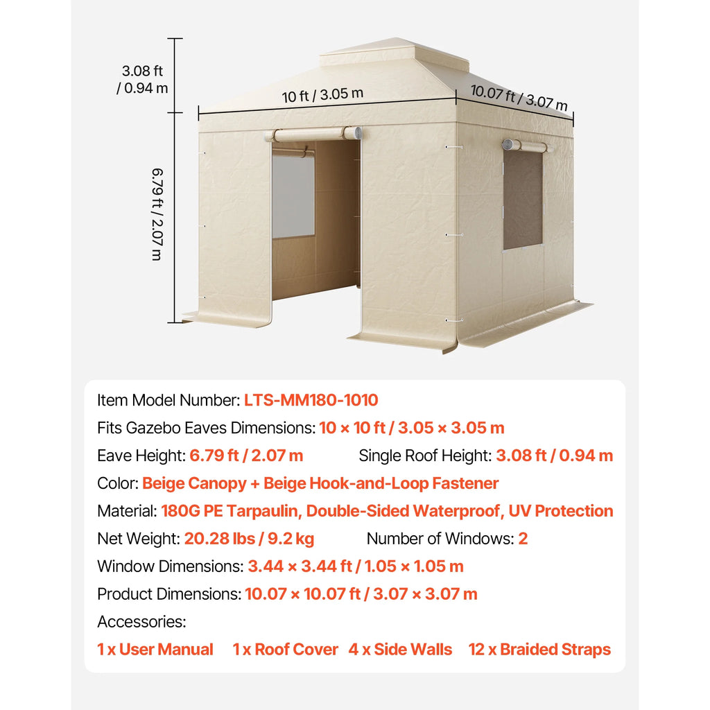 KFFKFF Winter Gazebo Cover for 10 x 10 ft Hardtop Gazebos, All-Weather Double-Tiered Cover with Sidewalls & Mesh Windows, Durable PE Enclosure for Outdoor Shelters, Gazebo Frame Not Included