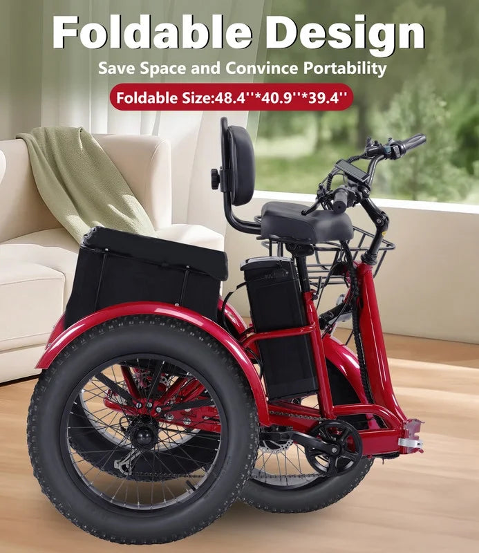 YEBEI Electric Tricycle for Adults Folding E-Trike Motorized Tricycle Electric 3 Wheels Trike Powerful 500W Motor Electric Tricycle 48V15AH Lithium Battery Max 20MPH 20*4.0�� Fat Tire Orange