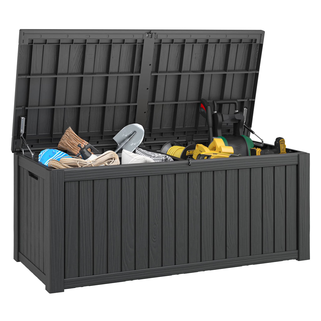 LHBcraft 150 Gallon Deck Box, Outdoor Storage Box, Large Waterproof Resin Indoor Storage Box with Built-in Steel Beams for Patio, Cushions, Pool Supplies