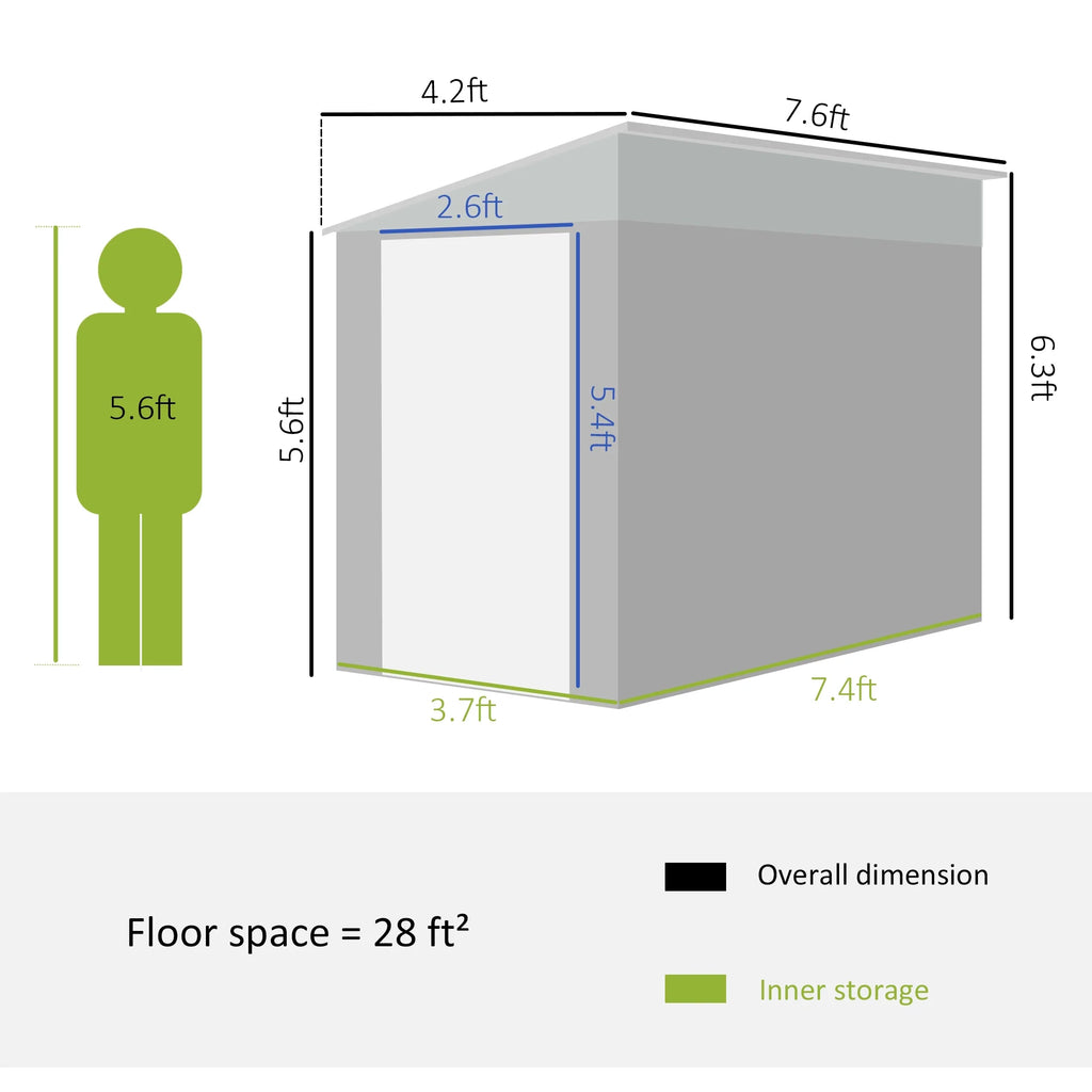 Outsunny 4' x 7.6' Storage Shed, Galvanized, Locking, Gray
