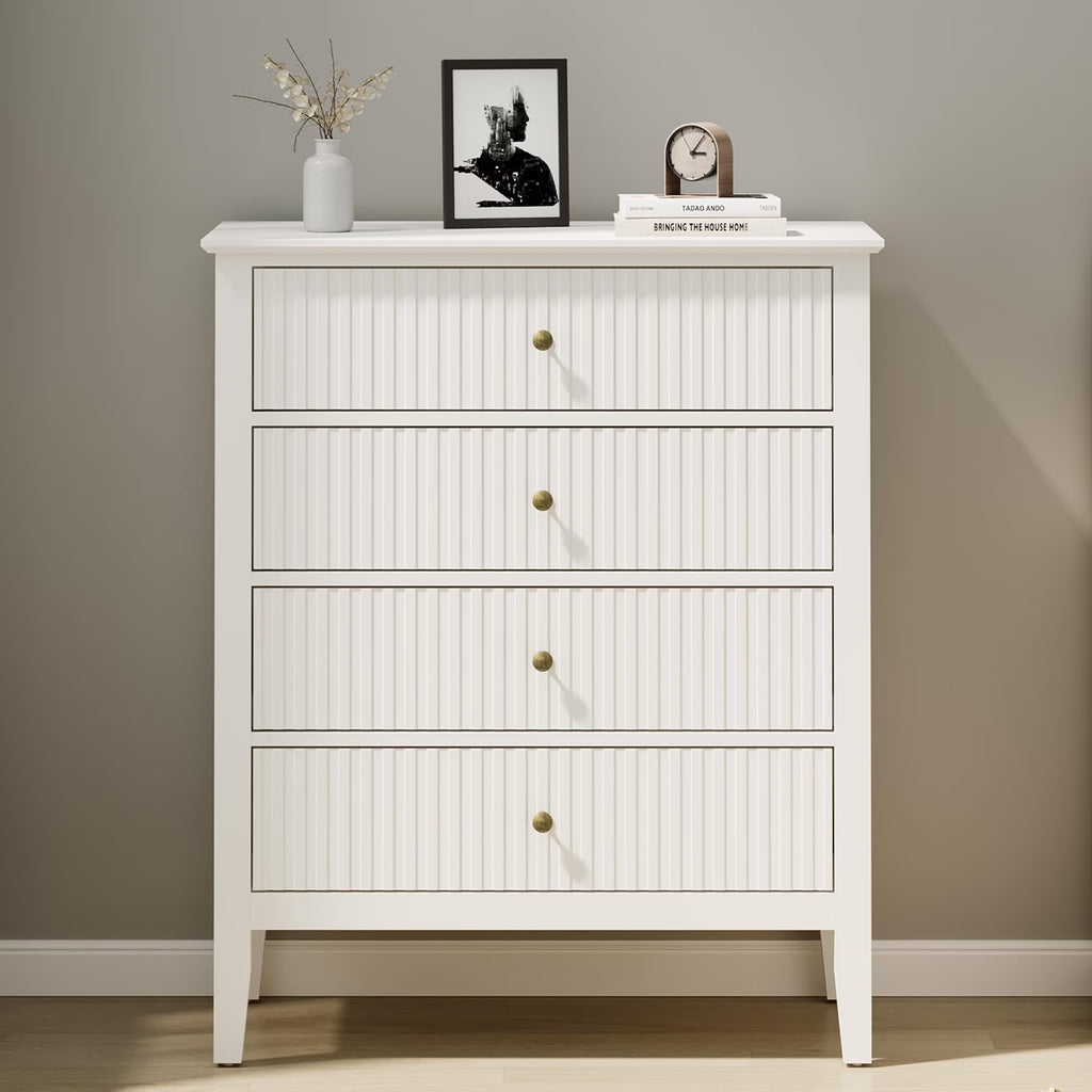 May Color Large White 3 Drawer Dresser Set of 2 with Fluted Panel, Modern Chest of Drawers with Silent Slide Drawers, Wood Accent Nightstand with Storage for Bedroom Living Room, Hallway
