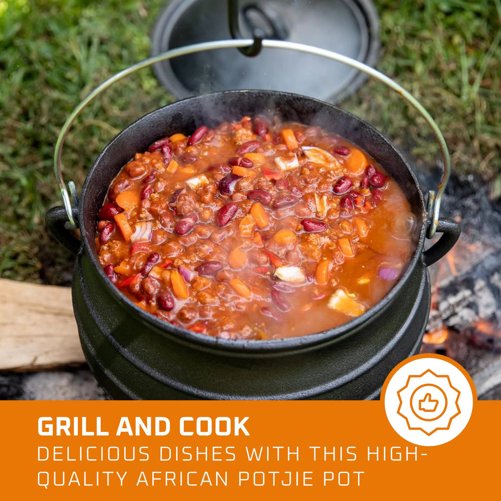 Bruntmor 8-Quart Pre-Seasoned Cast Iron Cauldron - African Potjie Pot with Lid - 3-Legged Pot for Even Heat Distribution - Outdoor Cast Iron Dutch Oven Cookware for Campfire Cooking and Boiling