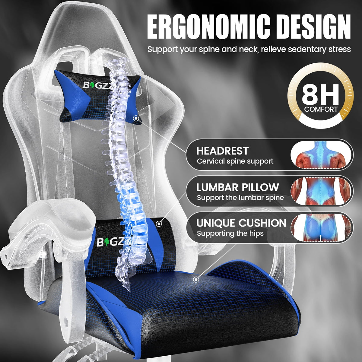 Bigzzia Gaming Chair Office Chair, Ergonomic Game Chair with Height Adjustable Headrest and Lumbar Support for Adults Teens, Black & White