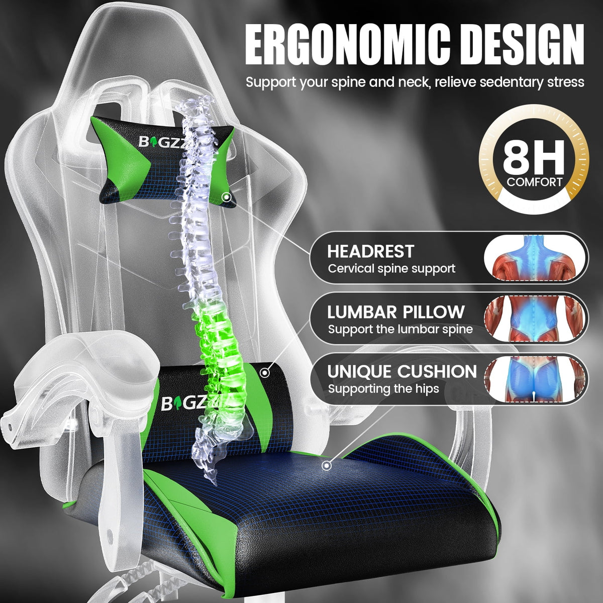 Bigzzia Gaming Chair Office Chair, Ergonomic Game Chair with Height Adjustable Headrest and Lumbar Support for Adults Teens, Black & White