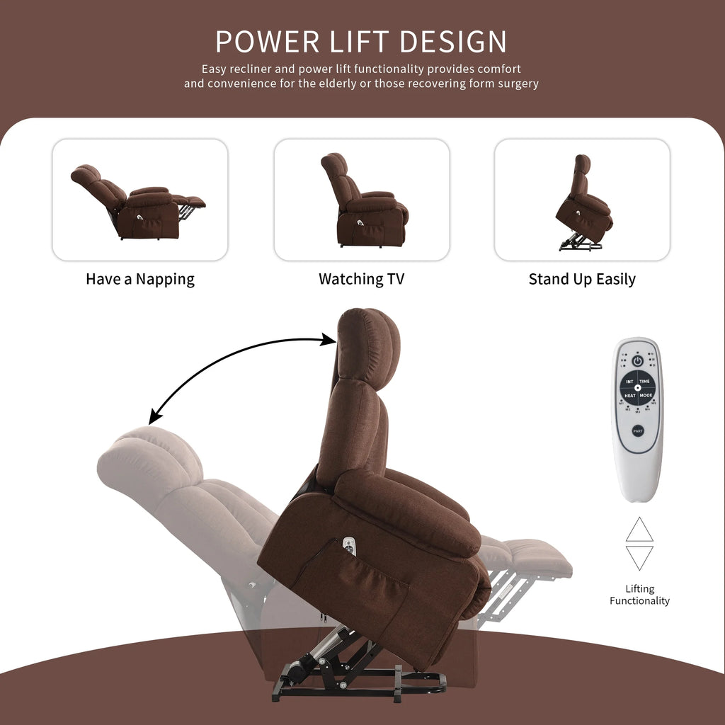 JONPONY Power Lift Recliner Chair Recliners for Elderly with Heat and Massage Recliner Chair for Living Room with Infinite Position and Side Pocket,USB Charge Port,Brown