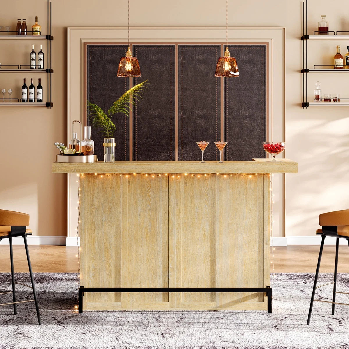 Tribesigns 4-Tier Bar Table, 70.9-Inch Large Home Bar Cabinet with Wine Glass Holder and Black Footrest, for Kitchen, Dining Room, Living Room, Pub, Rustic Brown