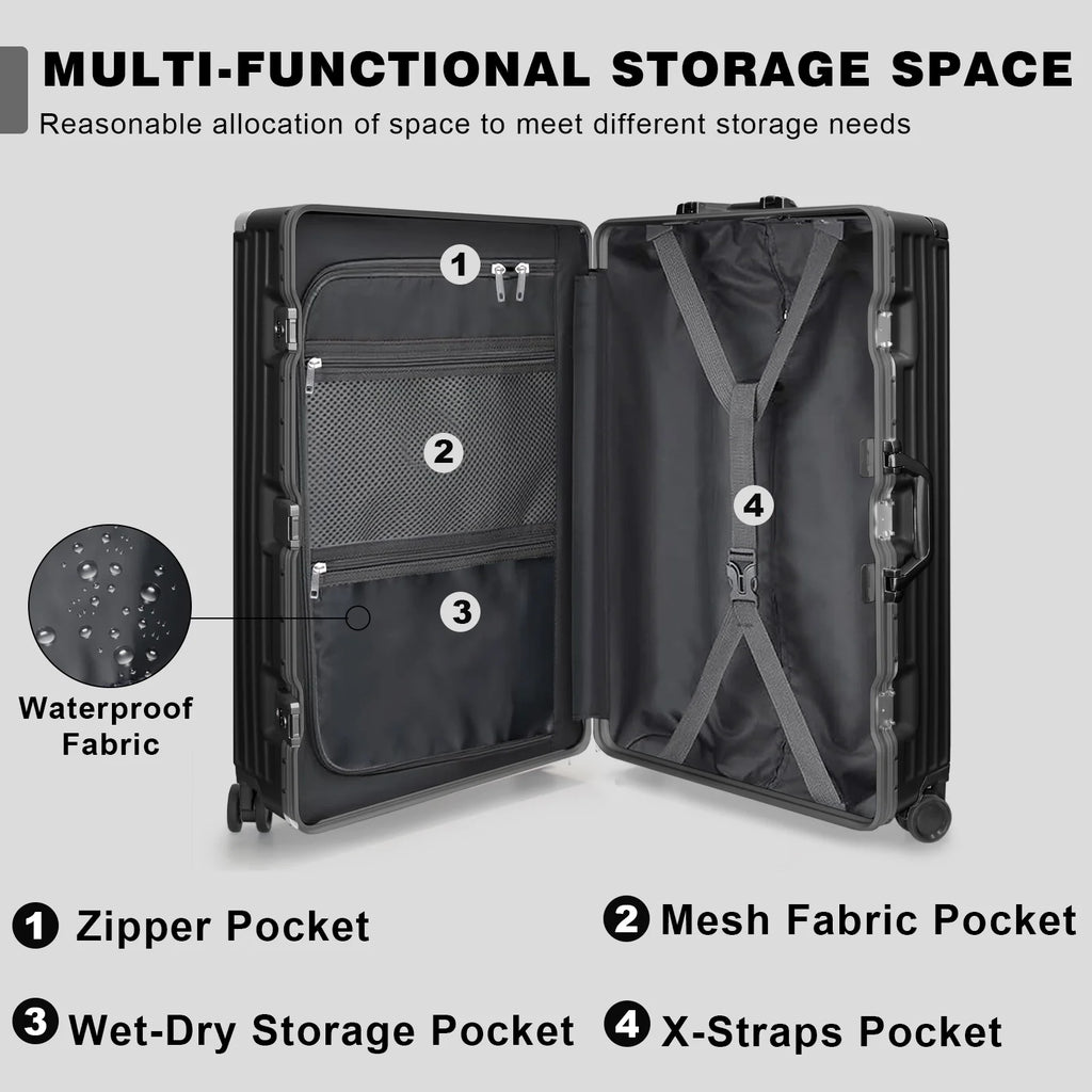 Luggage Aluminium Frame PC ABS Hardshell Suitcase with Spinner Wheels TSA Lock Zipperless Luggage 28 inch Silver