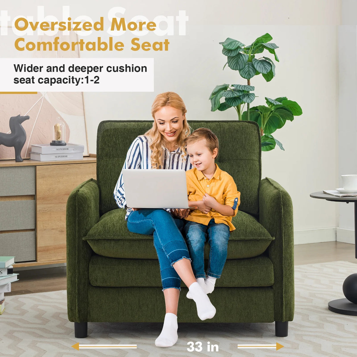 Aemeios Upholstered Chenille OversizedAccent Armchairs with Ottoman and Side Pocket, Cream
