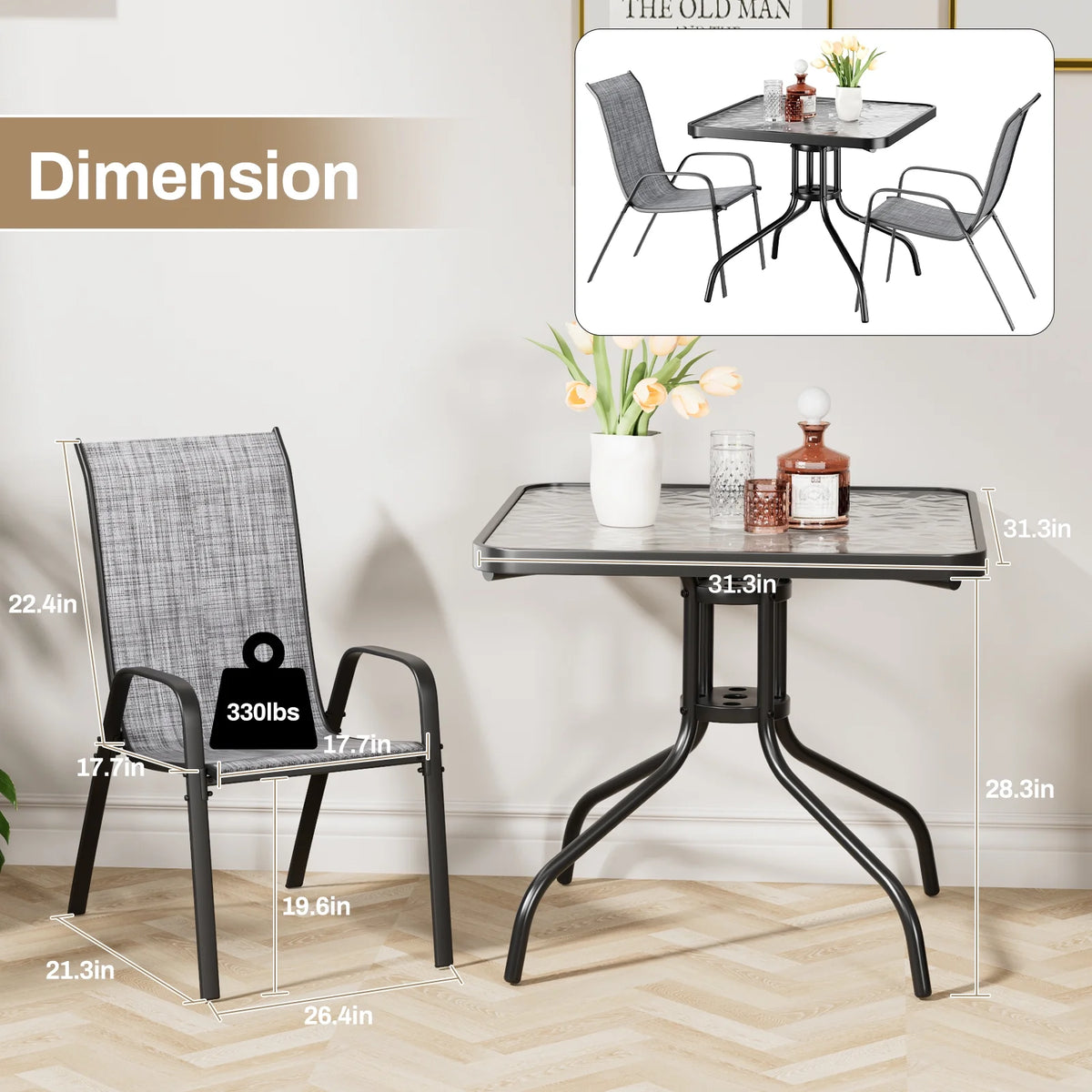 Pirecart 5-Piece Outdoor Patio Dining Table Set with 4 Stackable Textilene Chairs for for Patio, Lawn, Garden, Gray