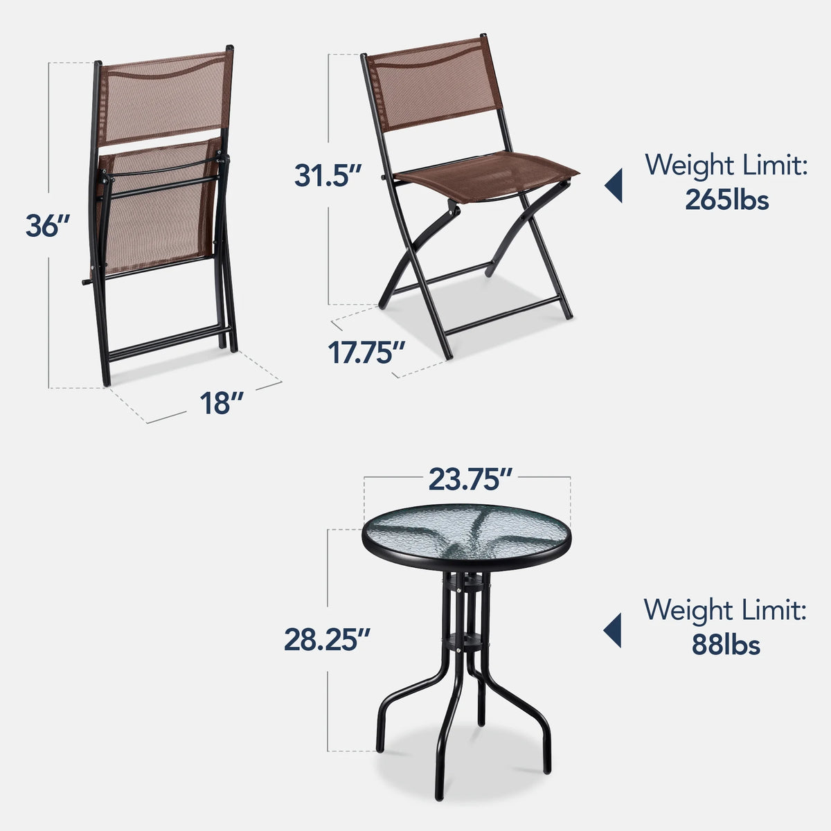 Best Choice Products 3-Piece Patio Bistro Dining Furniture Set w/ Glass Tabletop, Folding Chairs - Gray