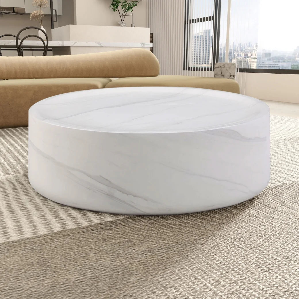 31.49'' Round Coffee Table with Marble Texture, Modern Low Drum Circle Fiberglass Coffee Table, Side Table Accent Table for Living Room, Outdoor, No Need Assembly, Marble