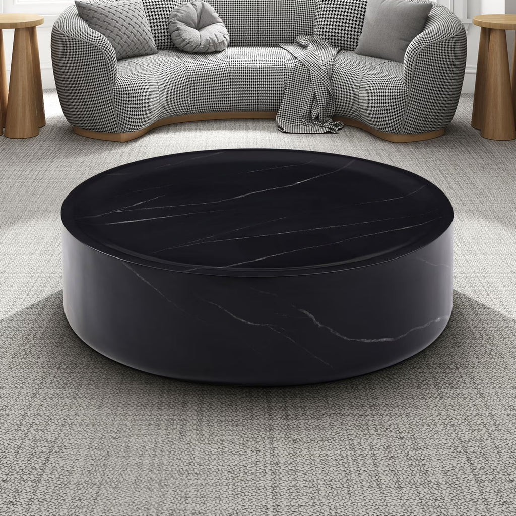 31.49'' Round Coffee Table with Marble Texture, Modern Low Drum Circle Fiberglass Coffee Table, Side Table Accent Table for Living Room, Outdoor, No Need Assembly, Marble