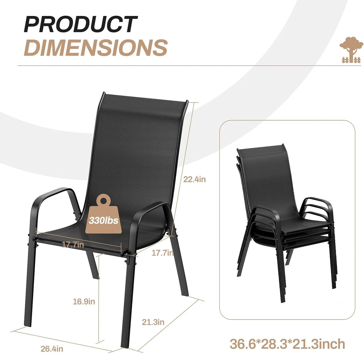 Pirecart Set of 4 Patio Dining Chairs, Textilene Outdoor Stacking Chairs for Poolside, Backyard, Garden