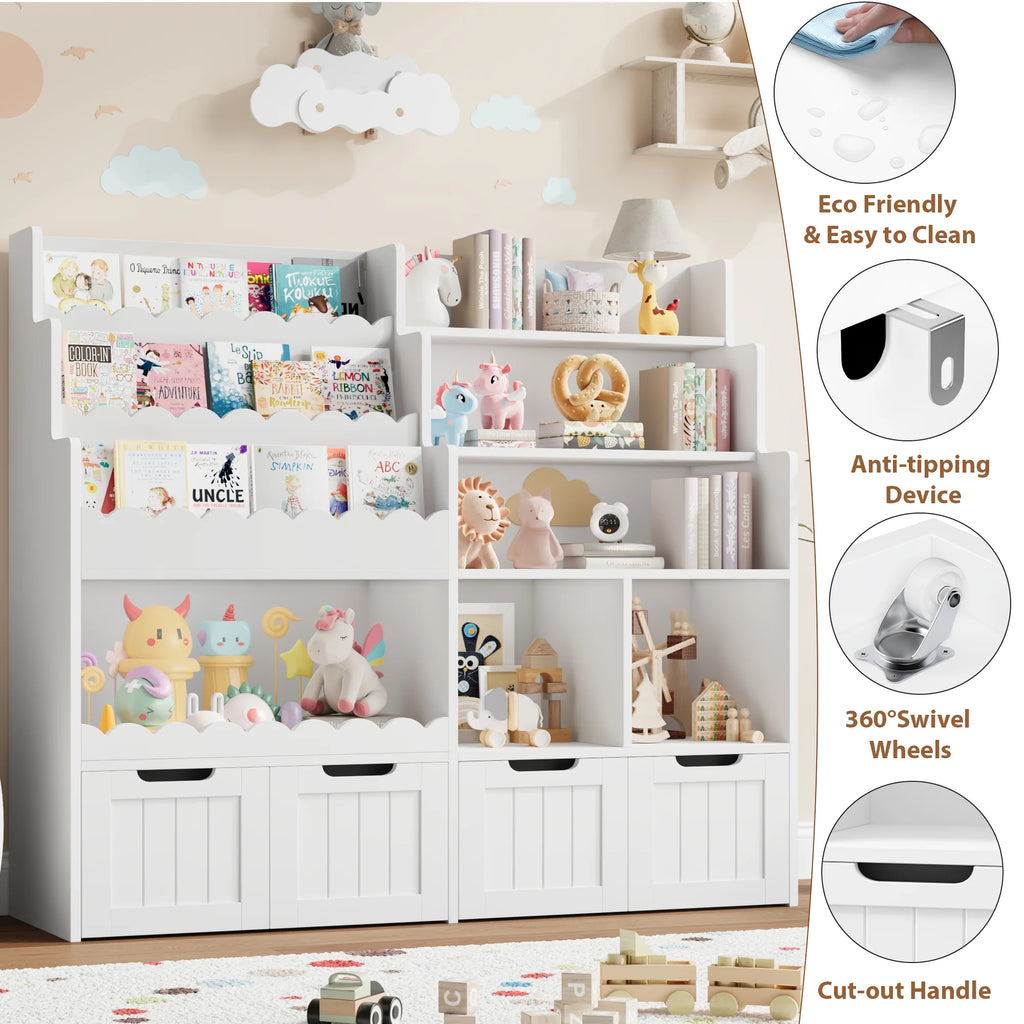 Hiphuta 47"Wide Large Kids Bookcase, Wood Bookshelf Toy Storage Organizer with Book Rack & Movable Boxes, White Bookshelf for Kids Room