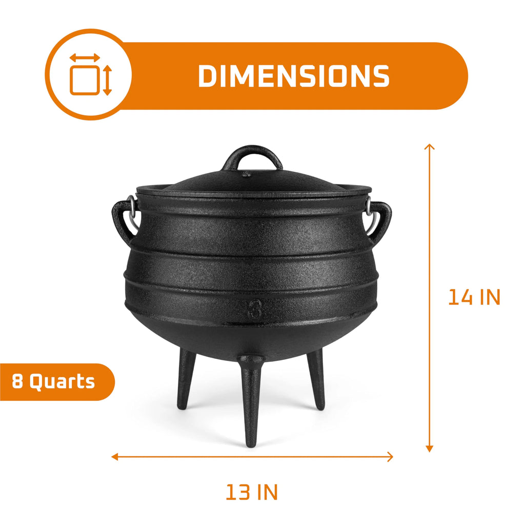 Bruntmor 8-Quart Pre-Seasoned Cast Iron Cauldron - African Potjie Pot with Lid - 3-Legged Pot for Even Heat Distribution - Outdoor Cast Iron Dutch Oven Cookware for Campfire Cooking and Boiling