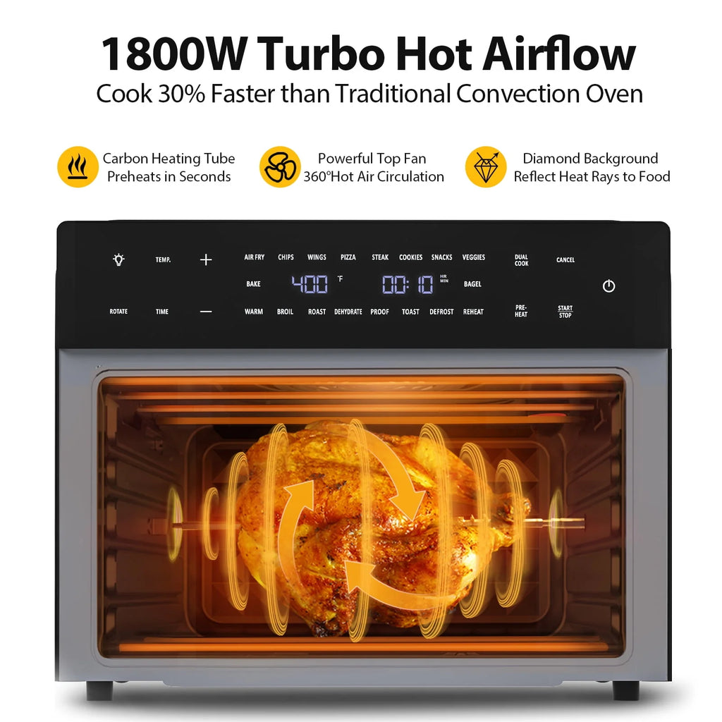 Beelicious? 32QT Extra Large Air Fryer Toaster Ovens Pro, with Rotisserie and Dehydrator, Smart Digital Toaster Oven Air Fryer Combo, Digital Countertop Convection Oven, 6 Accessories, 1800w, Black