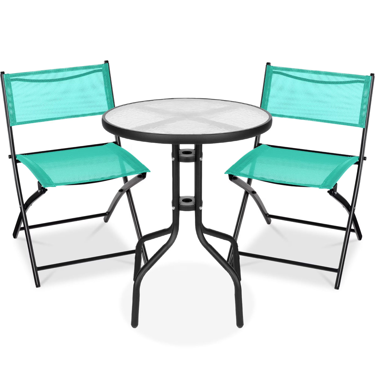 Best Choice Products 3-Piece Patio Bistro Dining Furniture Set w/ Glass Tabletop, Folding Chairs - Gray