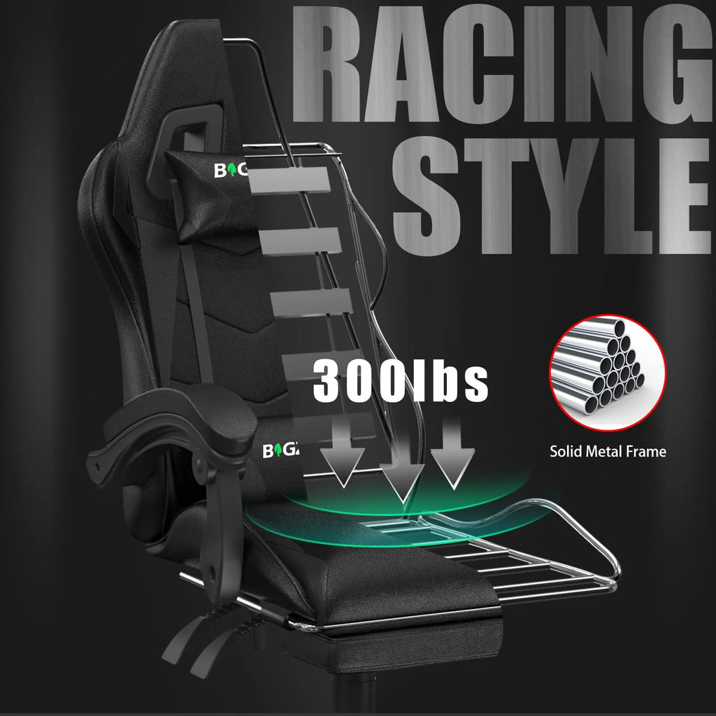 Bigzzia Gaming Chair Office Chair, Ergonomic Game Chair with Height Adjustable Headrest and Lumbar Support for Adults Teens, Black & White