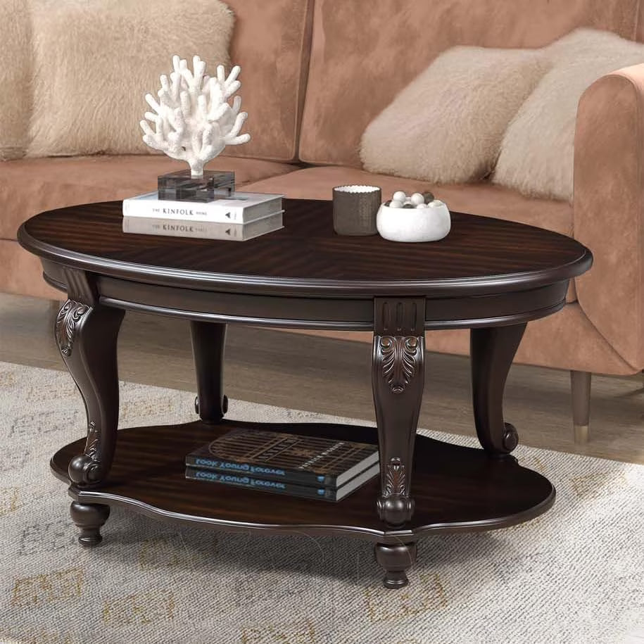 42" Oval Coffee Table with Storage Shelf, 2-Tier Solid Wood Cocktail Tea Table, Traditional Retro Center Table for Living Room, Bearing 400LBS, Cherry