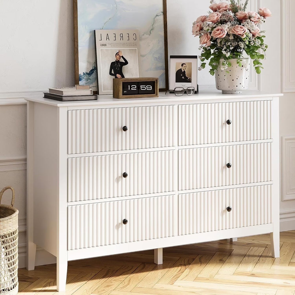 May Color Large White 3 Drawer Dresser Set of 2 with Fluted Panel, Modern Chest of Drawers with Silent Slide Drawers, Wood Accent Nightstand with Storage for Bedroom Living Room, Hallway