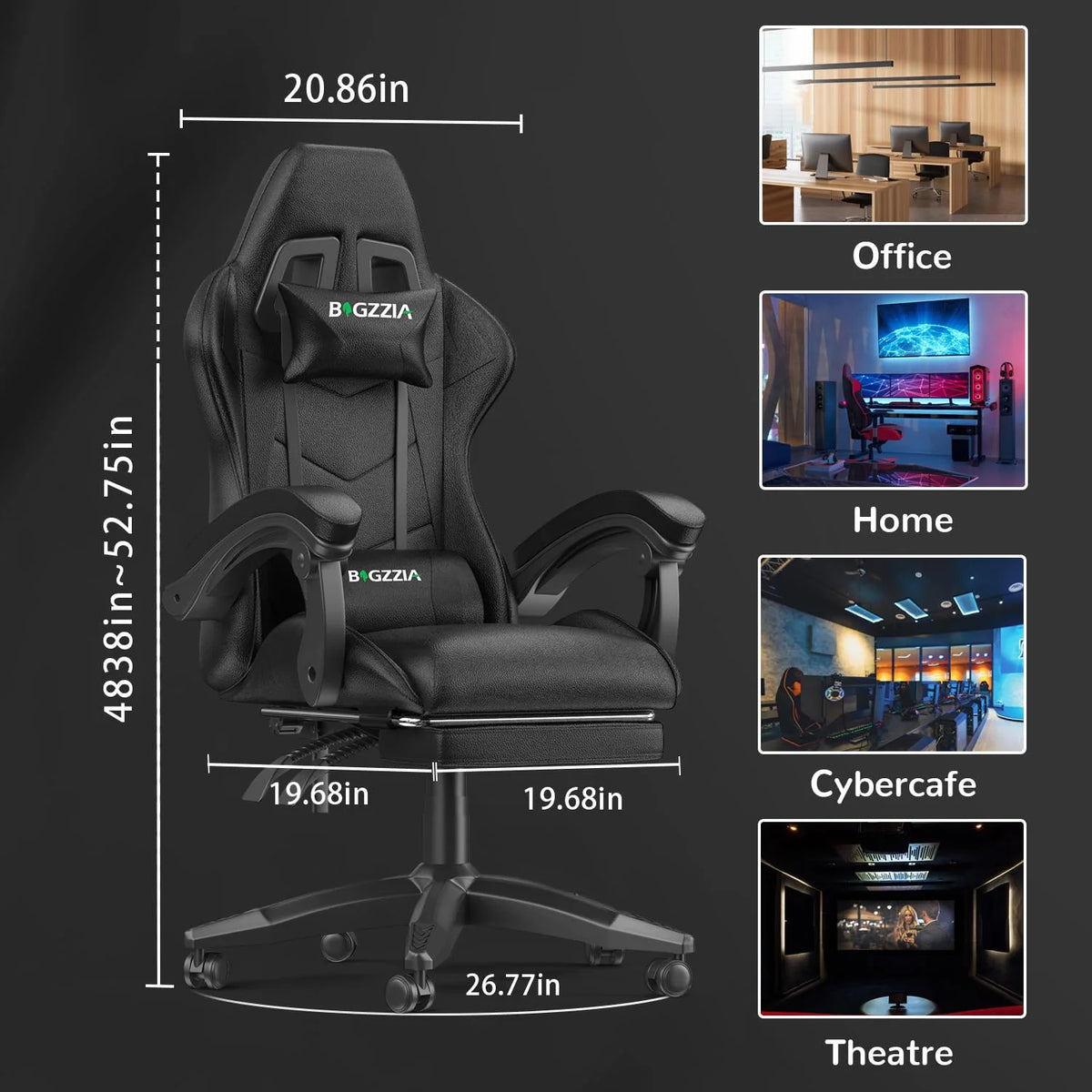 Bigzzia Gaming Chair Office Chair, Ergonomic Game Chair with Height Adjustable Headrest and Lumbar Support for Adults Teens, Black & White