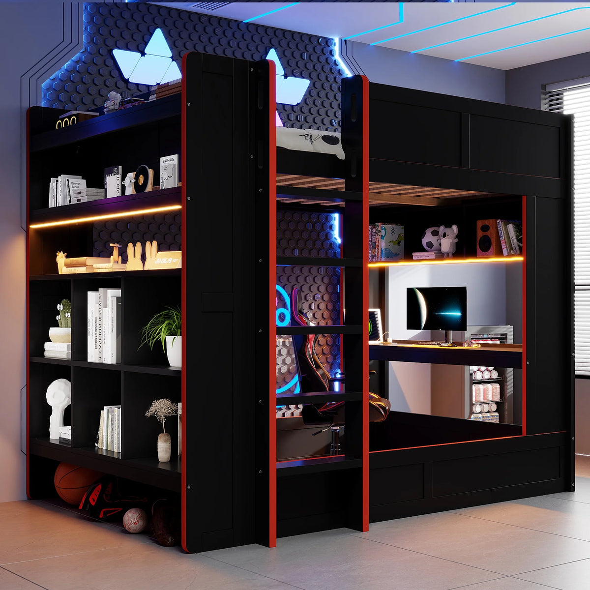 Euroco Wood Full Size Loft Bed with Desk and Shelves, Gaming Bunk Bed with LED Light and USB Charging, Black