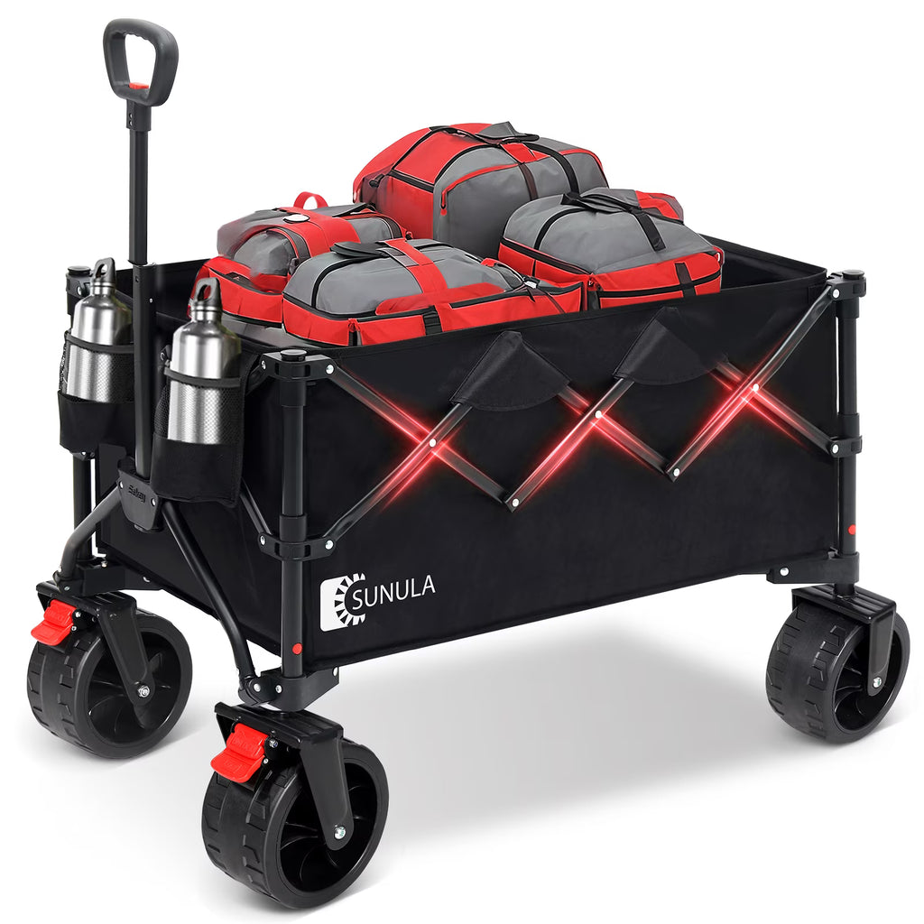 Sekey 330LBS Collapsible Wagon Cart, 220L Large Capacity Foldable Wagon, Heavy Duty Folding Utility Garden Cart with All-Terrain Wheels for Camp, Beach, Sport, Shop, Grocery (Black, 1-YEAR-WARRANTY)