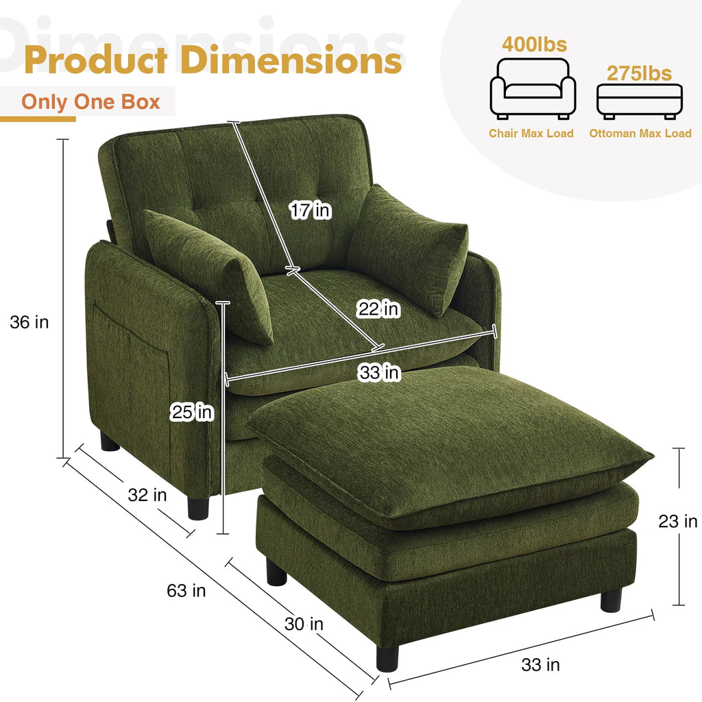 Aemeios Upholstered Chenille OversizedAccent Armchairs with Ottoman and Side Pocket, Cream