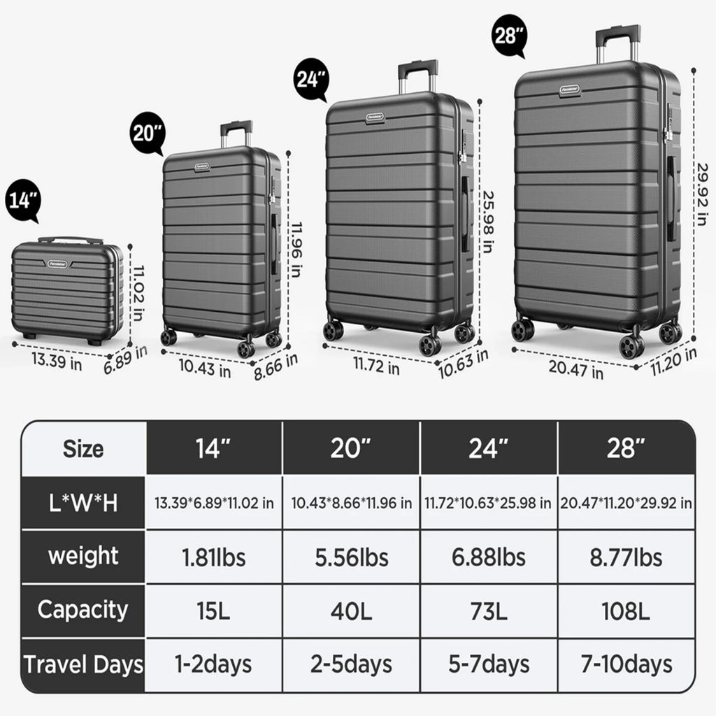 Famistar 11 Piece Hardside Luggage Suitcase Set with 360�� Double Spinner Wheels TSA Style Lock, 14�� Travel Case, 20" Carry-On Luggage, 24" Checked Luggage and 28" Checked Luggage, Black