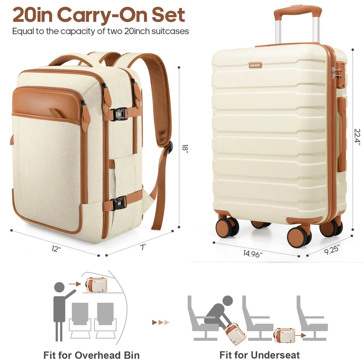 MIUSSE Carry on Luggage Set 3 Piece Hard Shell Luggage Sets with Spinner Wheels TSA Lock Carry on with Backpack Set