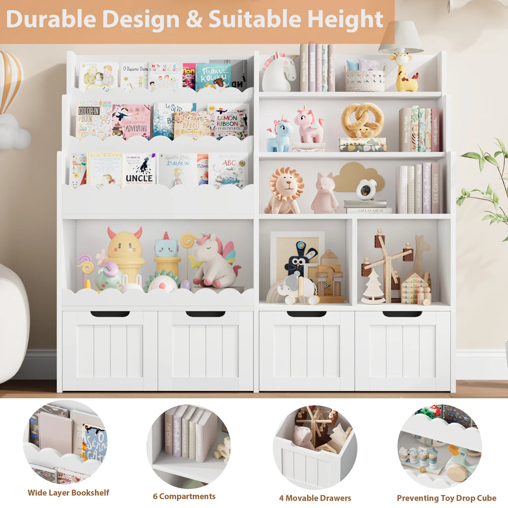 Hiphuta 47"Wide Large Kids Bookcase, Wood Bookshelf Toy Storage Organizer with Book Rack & Movable Boxes, White Bookshelf for Kids Room