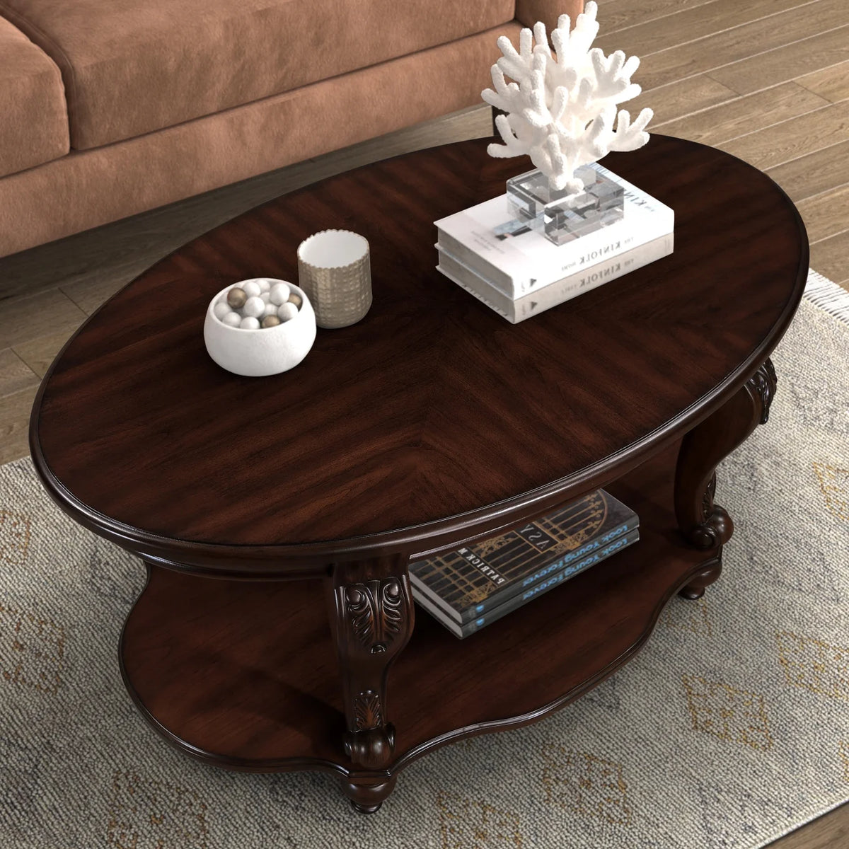 42" Oval Coffee Table with Storage Shelf, 2-Tier Solid Wood Cocktail Tea Table, Traditional Retro Center Table for Living Room, Bearing 400LBS, Cherry