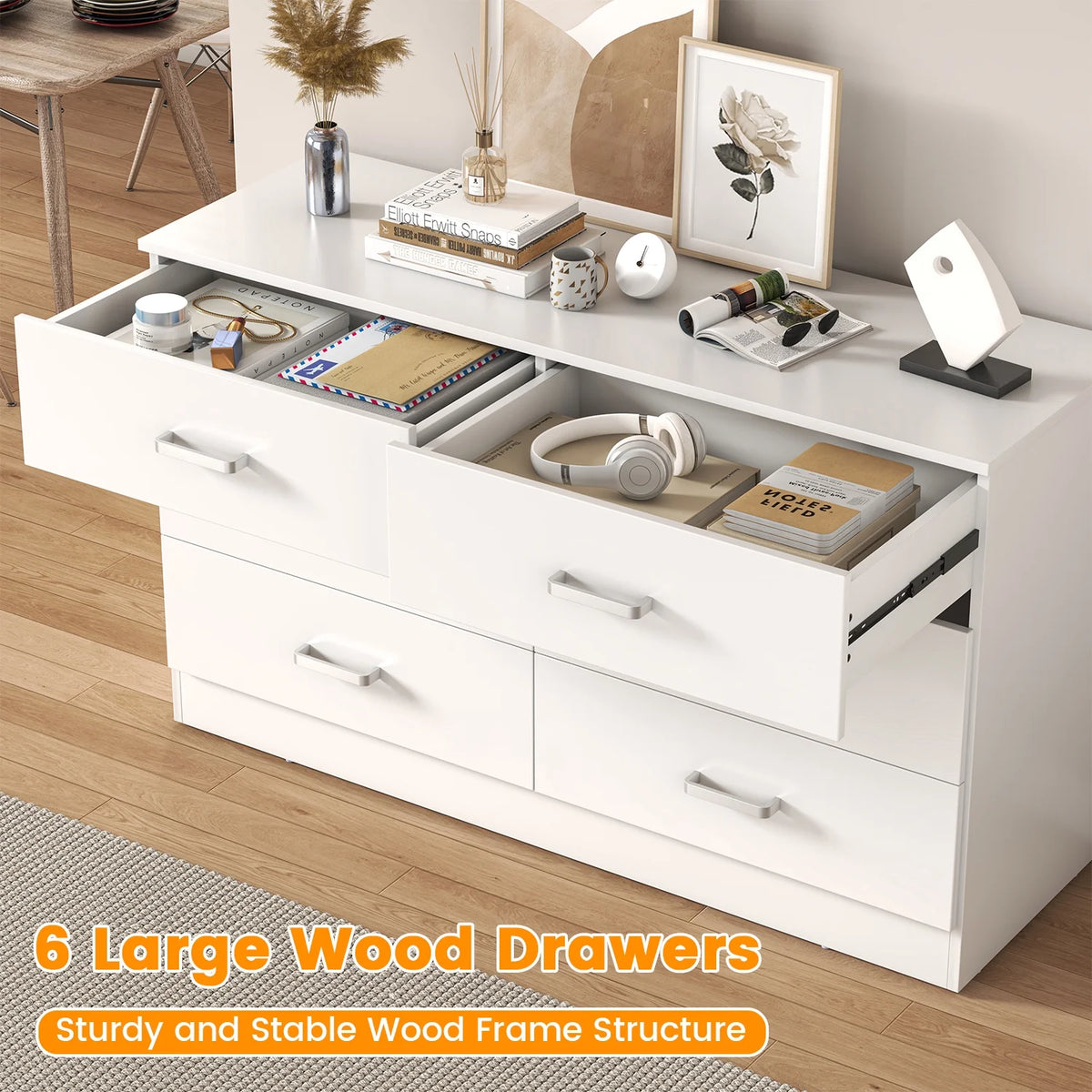 Winkalon 6 Drawer White Double Dresser, Wood Storage Cabinet with Easy Pull Out Handles for Living Room,Chest of Drawers for Bedroom