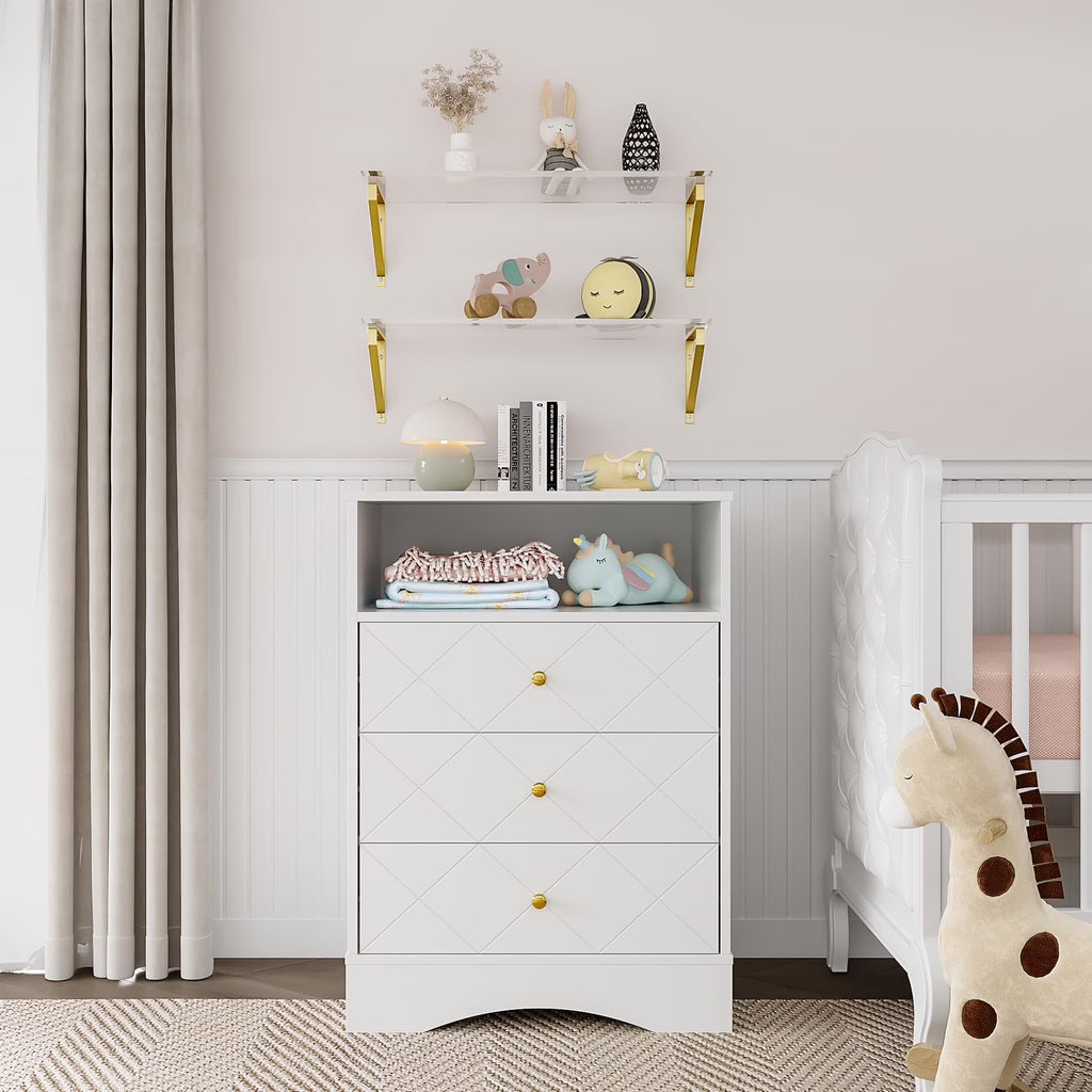 May Color Large White 3 Drawer Dresser Set of 2 with Fluted Panel, Modern Chest of Drawers with Silent Slide Drawers, Wood Accent Nightstand with Storage for Bedroom Living Room, Hallway