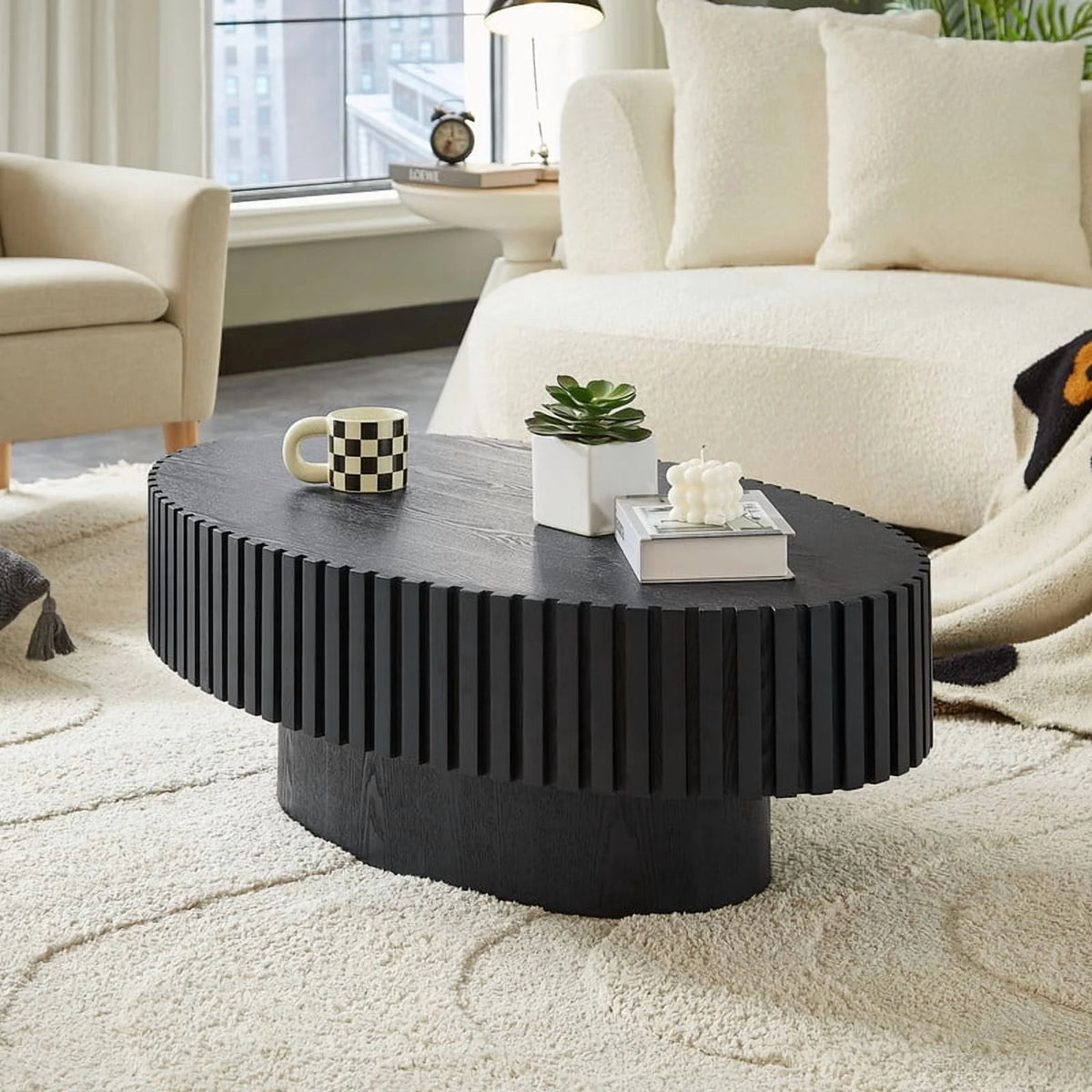 FFH 43.7 inch Oval Coffee Table for Living Room,Handcraft Rustic Corner Coffee Table Nature Wood Relief Sturdy Pedestal for Apartmen,Side Table Centre Table,Nature Wood