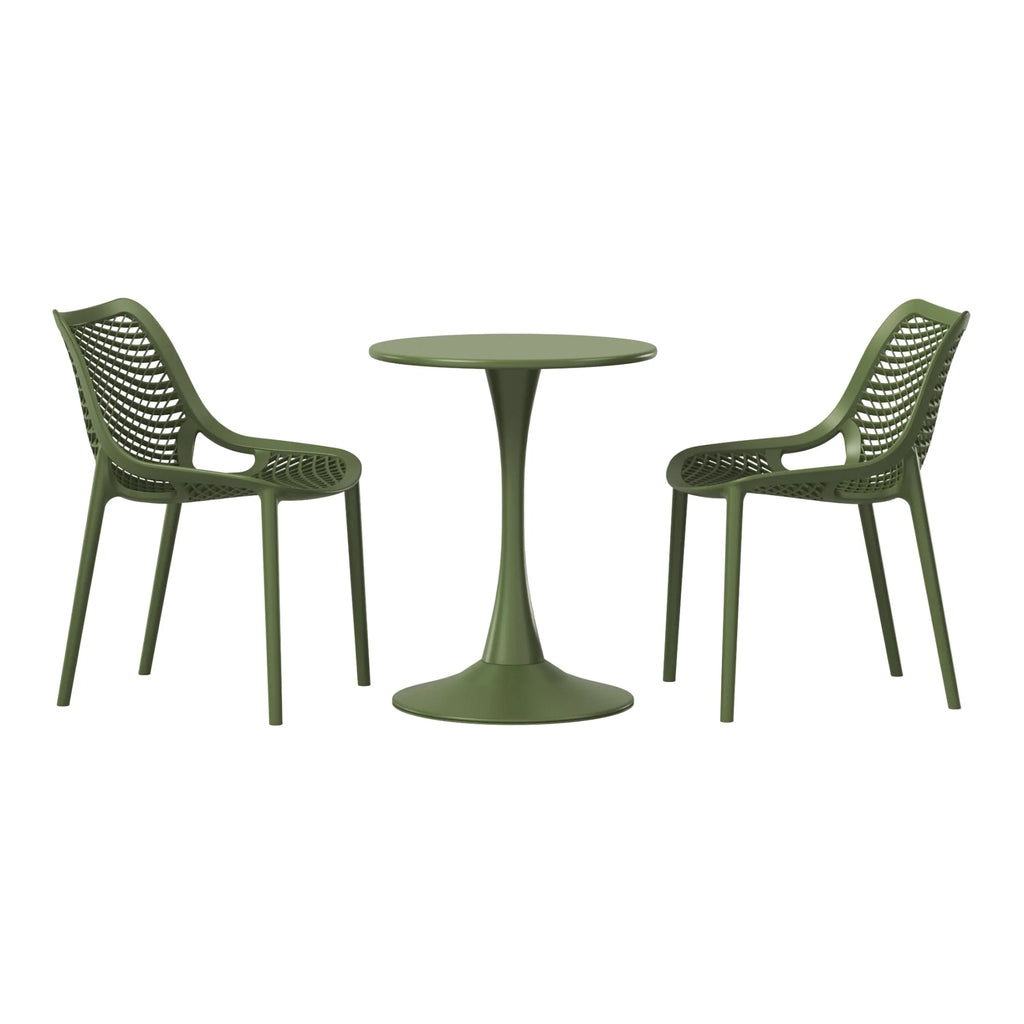 WestinTrends Playa 3-Piece Outdoor Round Metal Dining Table Set And Stackable Resin Patio Dining Side Chairs, Olive Green