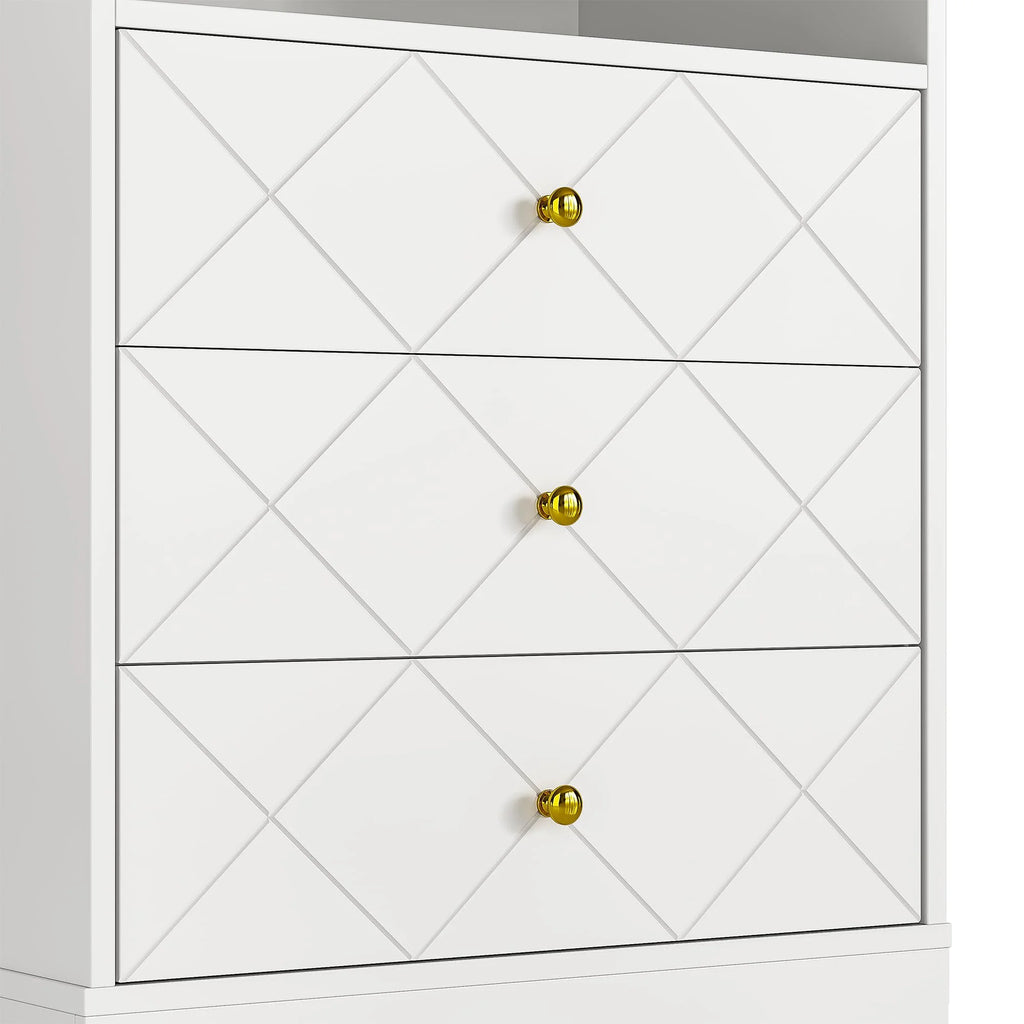 May Color Large White 3 Drawer Dresser Set of 2 with Fluted Panel, Modern Chest of Drawers with Silent Slide Drawers, Wood Accent Nightstand with Storage for Bedroom Living Room, Hallway