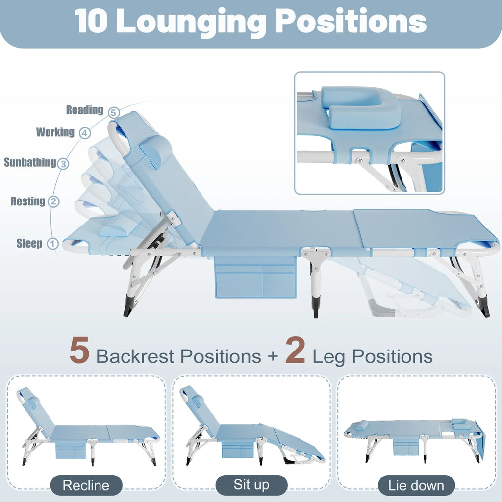 MOPHOTO Lounge Chair with Mattress, Outdoor Chaise Lounge Support 440 Lbs, Adjustable Portable Heavy Duty Sleeping Cots Bed for Camping, Pool, Beach, Patio